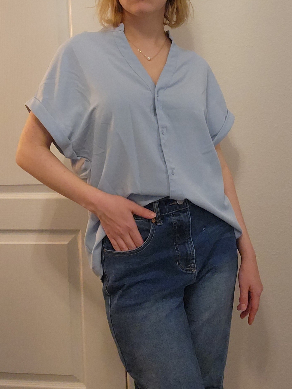 Powder Light Blue Short Sleeve Notch V-Neck Button Front Blouse L
